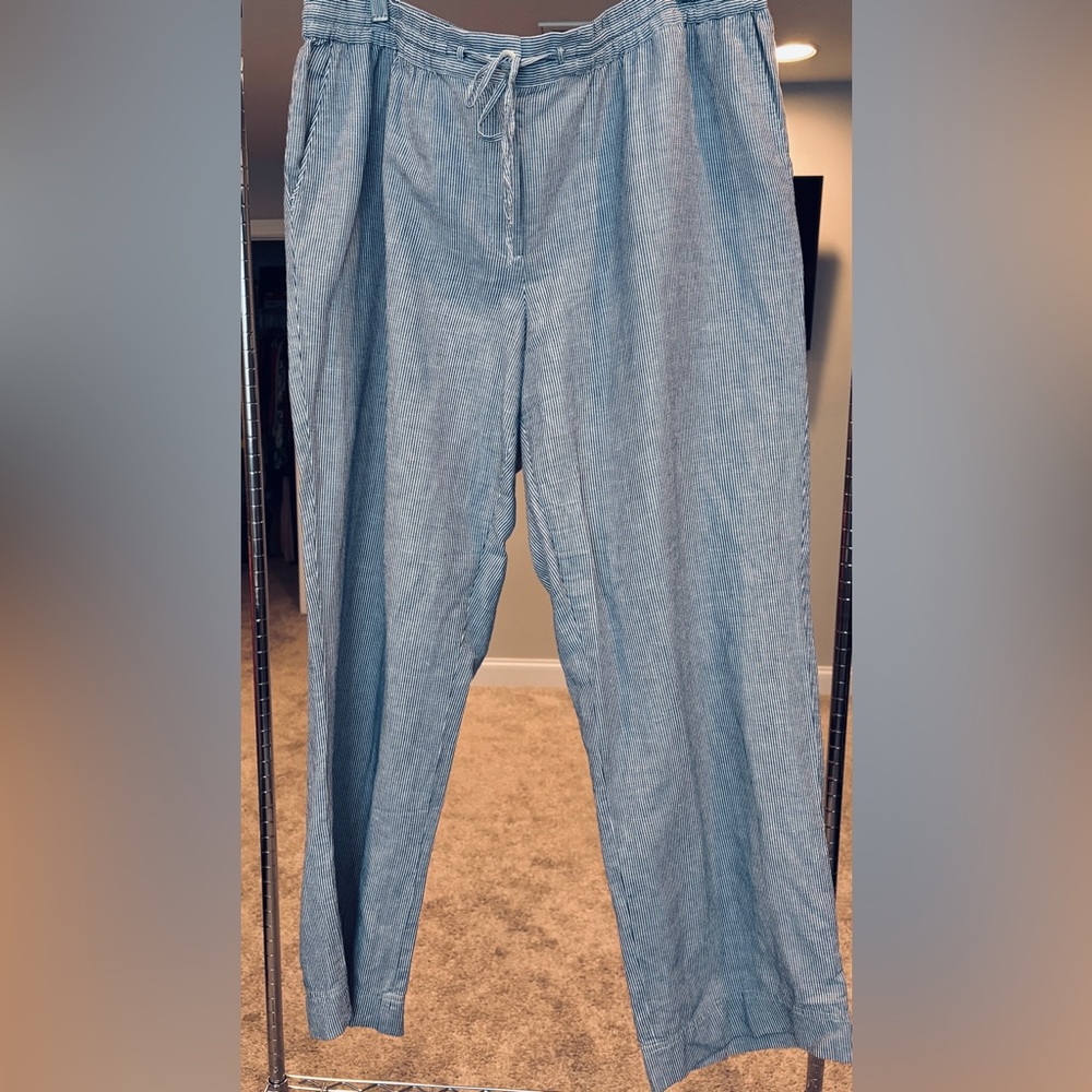 Talbots woman linen blend wide leg drawstring pants blue white stripe sz 18 W